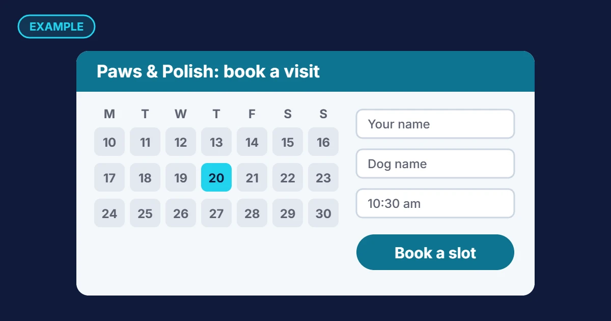 Example booking form for a mobile dog groomer, with a calendar and a Book a slot button